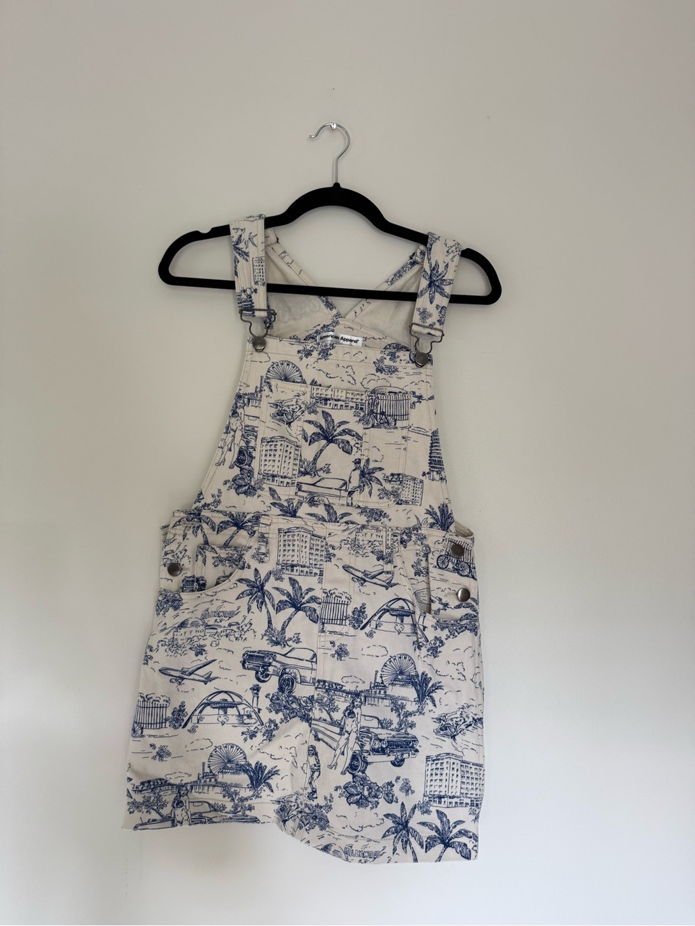 American Apparel Denim Overalls (Cream and Blue Toile Print)